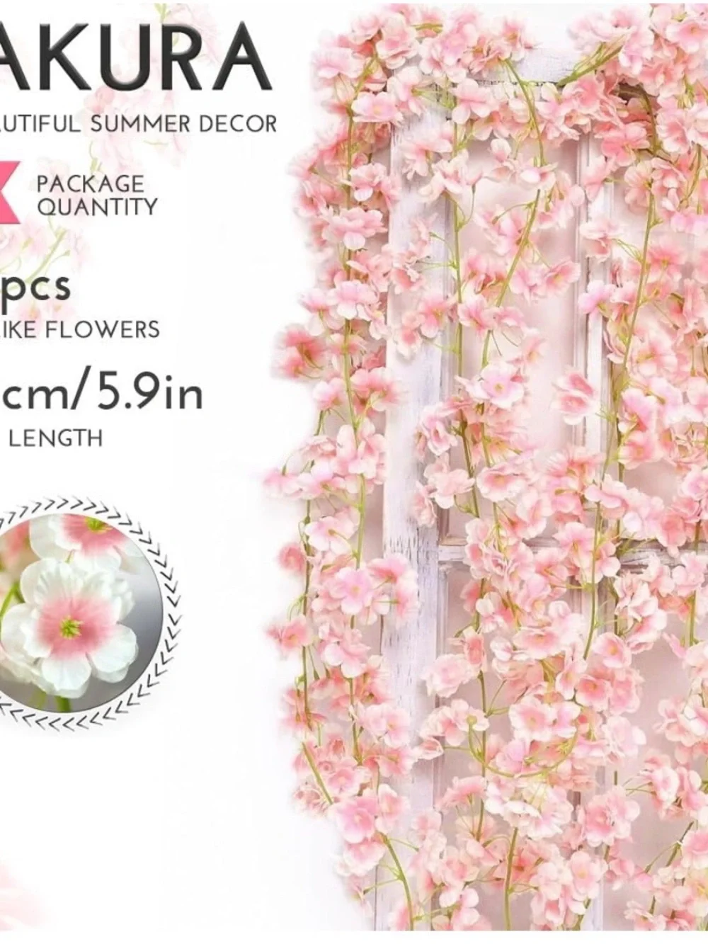 NIB Cherry Blossom Garland 10 Pcs & 59 ft, Faux Silk Hanging Sakura Vines,Pink